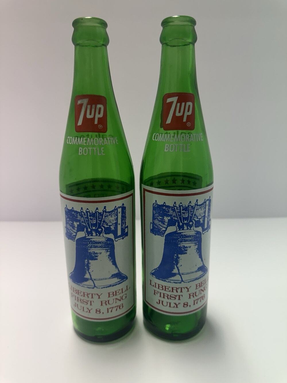 Vintage 1976 7UP Bicentennial Liberty Bell Commemorative Bottles 16 Oz Lot of 2